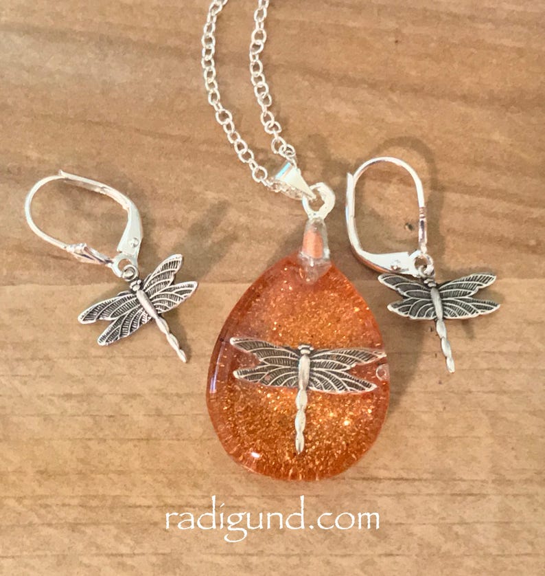 May include: A set of silver dragonfly earrings and a necklace with a teardrop-shaped pendant filled with orange glitter and a silver dragonfly.
