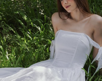 Juliette Linen Dress – Modest Wedding Dress | Tie Strap Dress | Corset fit dress | Smocked Back Corset Dress | Romantic Maxi Dress