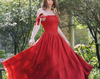 Juliette Linen Dress – Tie Strap Dress | Corset fit dress | Smocked Back Corset Dress | Romantic Maxi Dress | Cottagecore Gown | Custom Made