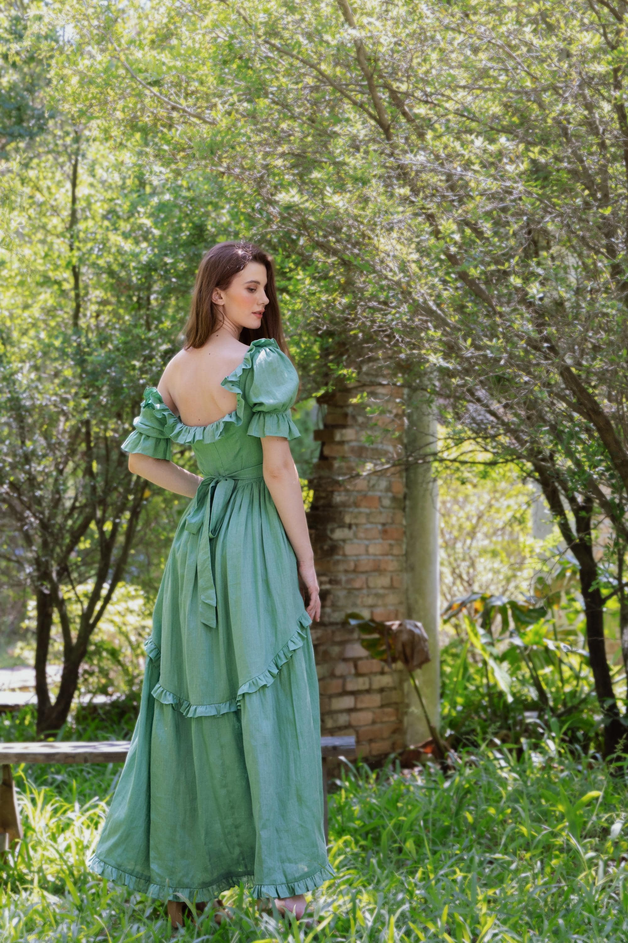Seraphine Linen Cottagecore Dress - Ruffle Puff Sleeve Dress - Custom Handmade Green Maxi Dress - Romantic Square Neck Summer Dress