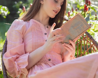 Maribelle Linen Dress – Puff Sleeve Cottagecore Dress – Vintage Inspired Smocked Waist Midi Dress – Romantic Handmade Her Rose Clothing