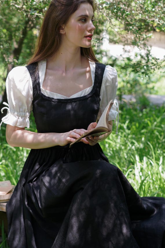 black linen square neck dress Evelaine Linen Dress – Black Cottagecore Dress | Square Neck Romantic Midi  | Linenpinafore | Handmade Ethical Heirloom Clothing