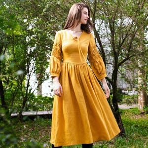 Marivelle Linen Dress – Mustard Yellow Midi with Smocked Lattice Sleeves & Lace-Up Back | Cottagecore Fairytale Clothing | Handmade