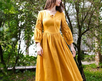 Marivelle Linen Dress – Mustard Yellow Midi with Smocked Lattice Sleeves & Lace-Up Back | Cottagecore Fairytale Clothing | Handmade