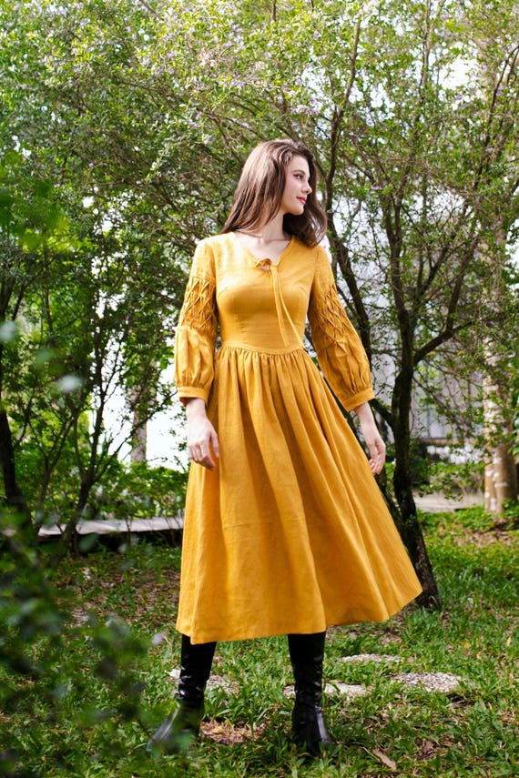 knee length dresses for ladies Lea Mustard Yellow Midi Dress