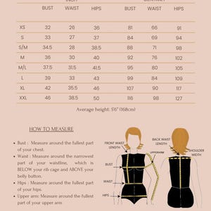 May include: Size chart for clothing with measurements in inches and centimetres. The chart shows bust, waist, and hip measurements for sizes XS to XXL. The chart also includes a diagram showing how to measure different parts of the body.