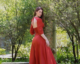 The Rosamée Linen Dress – French Romantic Dress - Open Back Cottagecore Dress – Half Sleeve Maxi Dress – Vintage Inspired Handmade Clothing