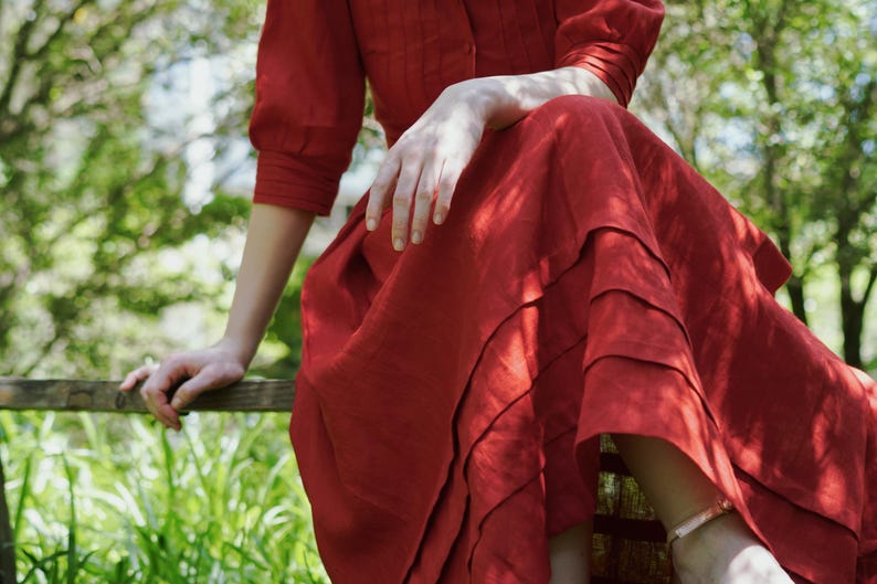 Odette Long Sleeve String Tie Neckline Vine Print Dress Red