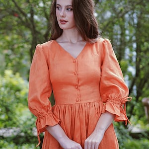Aureline Linen Dress – Orange V-Neck Puff Sleeve Cottagecore Dress | Button Front Romantic Midi | Handmade Ethical Heirloom Clothing