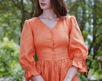 Aureline Linen Dress – Orange V-Neck Puff Sleeve Cottagecore Dress | Button Front Romantic Midi | Handmade Ethical Heirloom Clothing