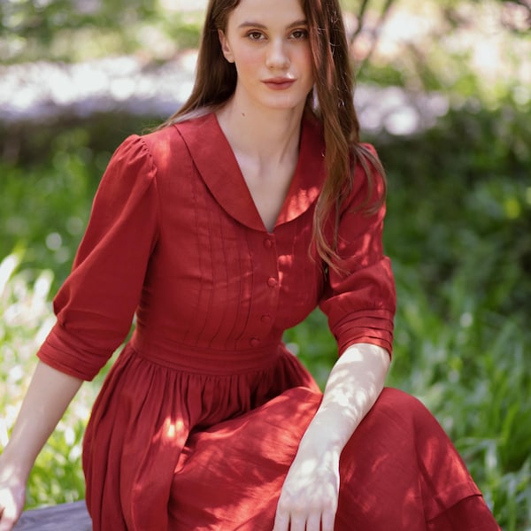 Odette Linen Dress – Vintage Red Shirt Dress | Modest Cottagecore Midi with Pintuck Bodice & Pleated Skirt | Handmade Heirloom Fashion