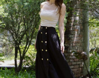 Delphine Linen Skirt – Black High Waisted Maxi Skirt | Gold Button Front with Side Slit | Handmade Romantic Slow Fashion Clothing