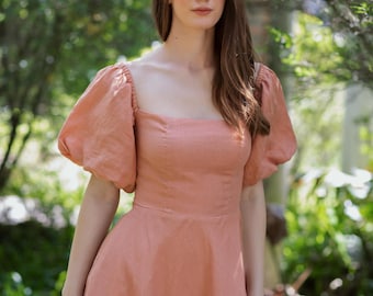 Solene Linen Dress – Square Neck Puff Sleeve Cottagecore Dress | Peach A-Line Romantic Midi | Handmade Ethical Heirloom Clothing