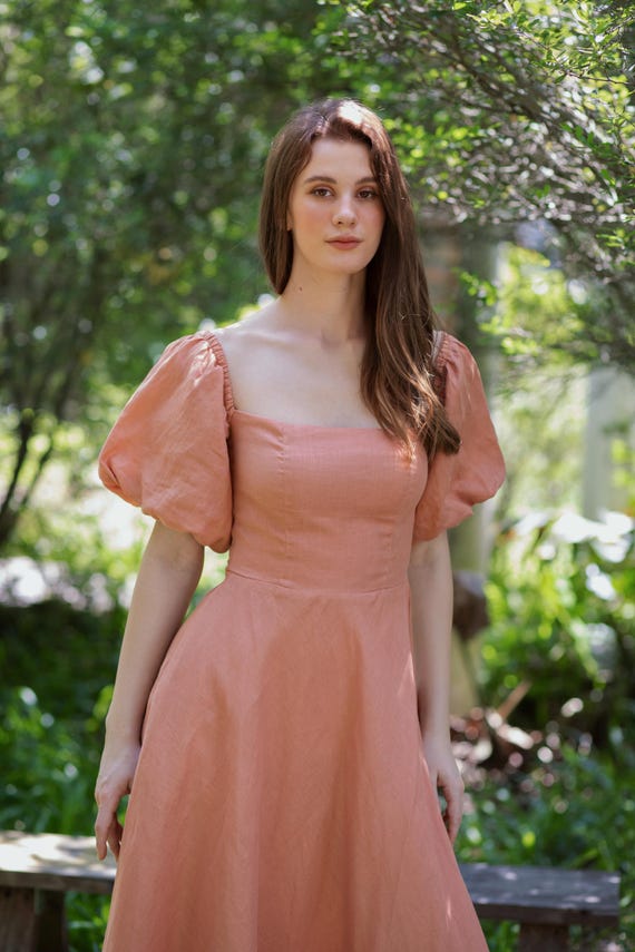 Solene Linen Dress - Square Neck Puff Sleeve Cottagecore Dress | Peach A-Line Romantic Midi | Handmade Ethical Heirloom Clothing