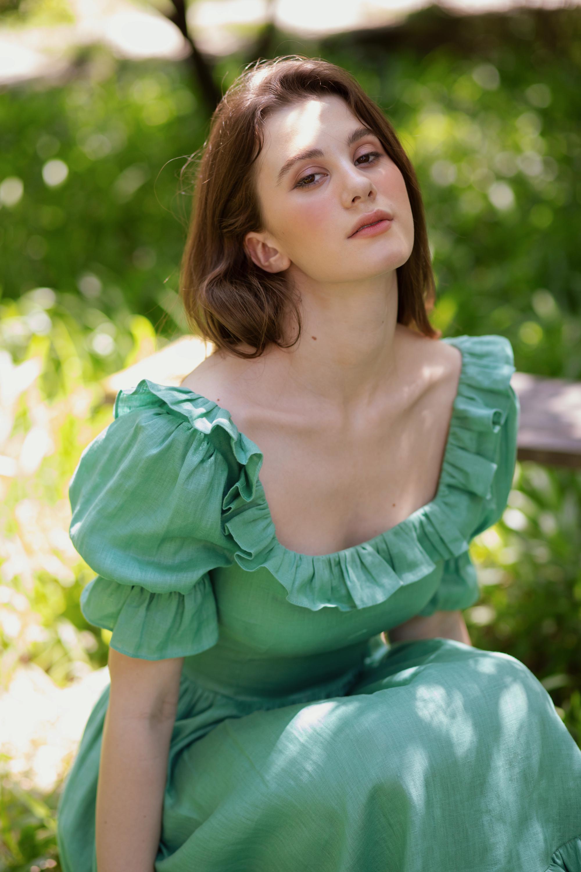 Seraphine Linen Cottagecore Dress - Ruffle Puff Sleeve Dress - Custom Handmade Green Maxi Dress - Romantic Square Neck Summer Dress Seraphine Linen Cottagecore Dress - Ruffle Puff Sleeve Dress - Custom Handmade Green Maxi Dress - Romantic Square Neck Summer Dress