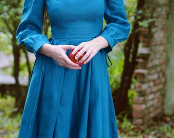 Morwenna Linen Dress – Long Sleeve Cottagecore Maxi | Round Neck Romantic Linen Gown with Waist Ties | Handmade Ethical Slow Fashion