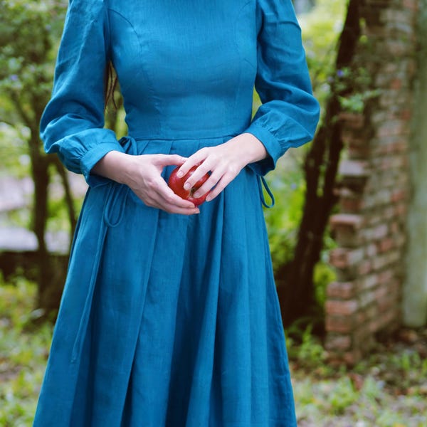 Morwenna Linen Dress – Long Sleeve Cottagecore Maxi | Round Neck Romantic Linen Gown with Waist Ties | Handmade Ethical Slow Fashion