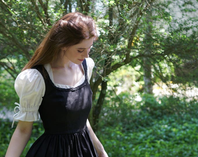 Evelaine Linen Dress – Black Cottagecore Dress | Square Neck Romantic Midi | LinenPinafore | Handmade Ethical Heirloom Clothing