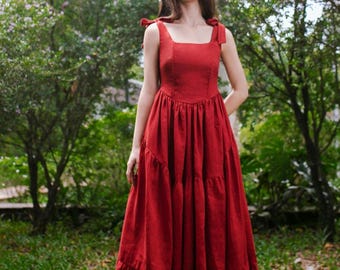 Juliette V2 Linen Dress – Tie Strap Dress | Corset fit dress | Smocked Back Corset Dress | Romantic Dress | Cottagecore Gown | Custom Made