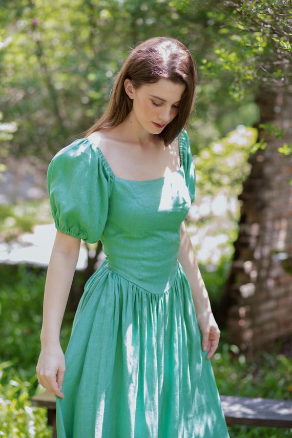Serelith Linen Dress - Green Puff Sleeve Cottagecore Dress | Square Neck Romantic Midi with Waist Tie | Handmade Ethical Heirloom Clothing Serelith Linen Dress - Green Puff Sleeve Cottagecore Dress | Square Neck Romantic Midi with Waist Tie | Handmade Ethical Heirloom Clothing