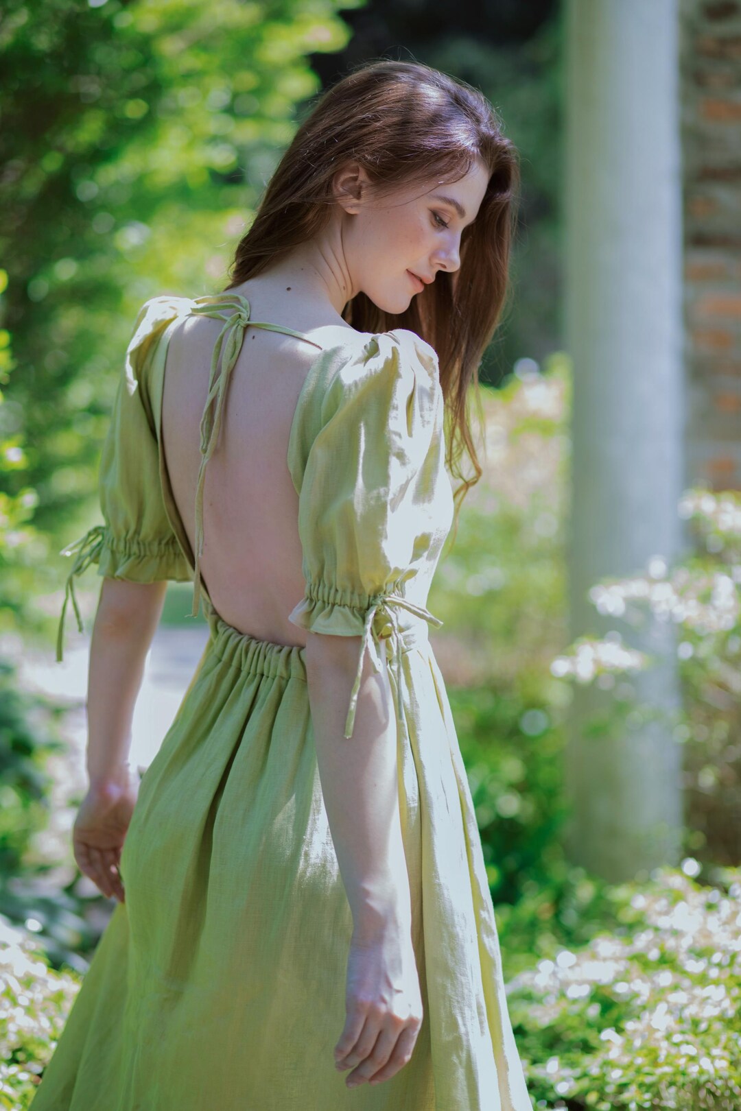 The Elowen Linen Dress – Cottagecore Dress Open Back – Puff