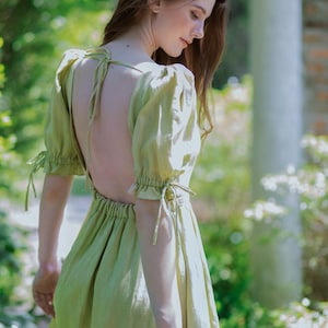 The Elowen Linen Dress –  Cottagecore Dress - Open Back – Puff Sleeve Midi Dress – Fairytale dress - Handmade Clothing