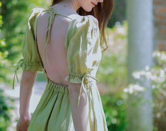 The Elowen Linen Dress –  Cottagecore Dress - Open Back – Puff Sleeve Midi Dress – Fairytale dress - Handmade Clothing