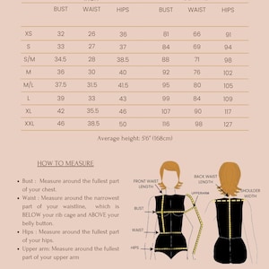 May include: A size chart with average body measurements in inches and centimeters. Measurements include bust, waist, and hips for sizes XS to XXL. Instructions on how to measure bust, waist, hips, and upper arm are also provided.