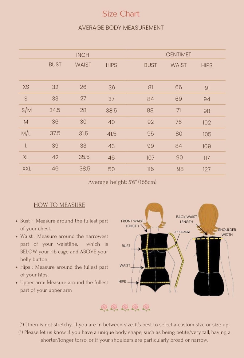 May include: A size chart with average body measurements in inches and centimeters. Measurements include bust, waist, and hips for sizes XS to XXL. Instructions on how to measure bust, waist, hips, and upper arm are also provided.