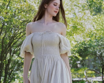 Roswyn Linen Dress – Cottagecore Puff Sleeve Dress | Off Shoulder Shirred Summer Midi | Romantic Handmade Heirloom Clothing