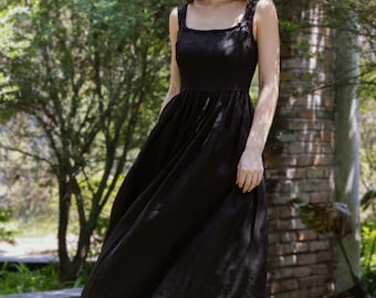 Evelaine Linen Dress – Black Pinafore | Cottagecore Dress | Square Neck Romantic Midi | Handmade Ethical Heirloom Clothing