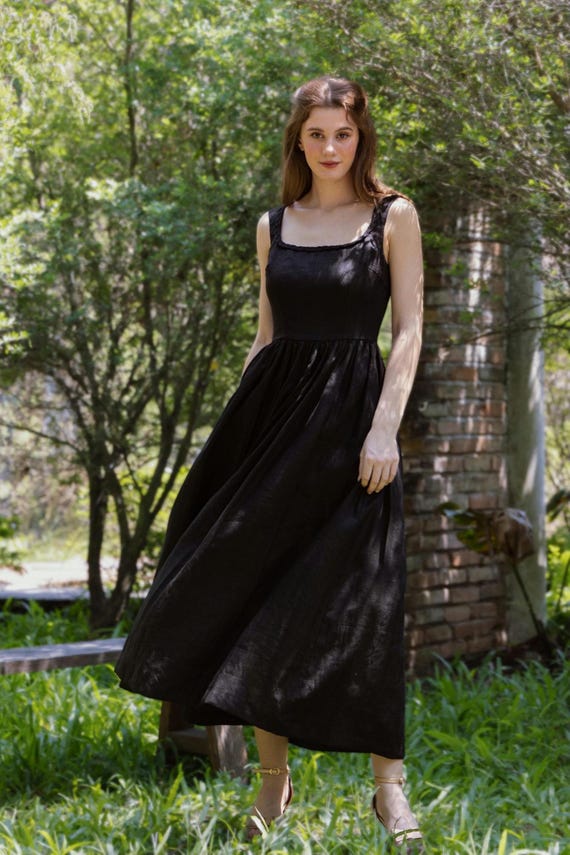 chinese dress ladies Black Linen Maxi Dress with Pockets
