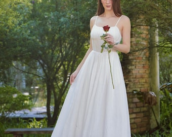 The Elodie Linen Dress – Spaghetti Strap Maxi Dress | Corset Boning Dress | Romantic White Cottagecore Dress | Smocked Back | Custom Made