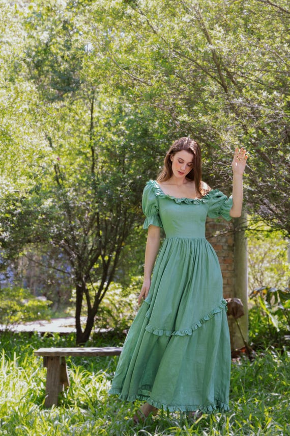 Buy Seraphine Linen Cottagecore Dress  Ruffle Puff Sleeve Dress  Custom  Handmade Green Maxi Dress  Romantic Square Neck Summer Dress Online in  India - Etsy
