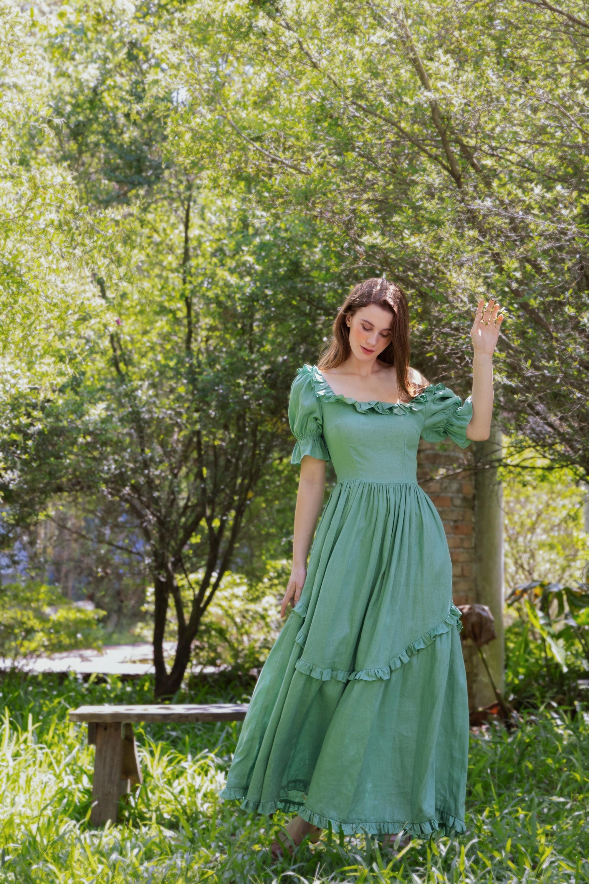 Seraphine Linen Cottagecore Dress - Ruffle Puff Sleeve Dress - Custom Handmade Green Maxi Dress - Romantic Square Neck Summer Dress