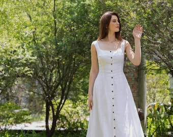 Handmade White Linen Dress – Cottagecore Square Neck Button Front