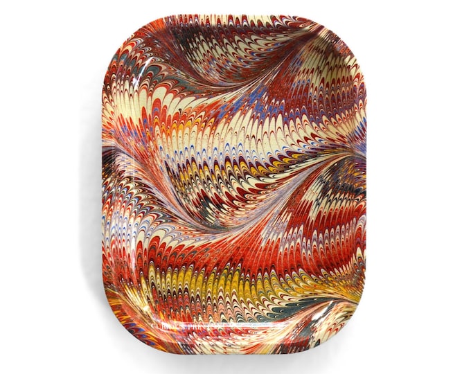 Featured listing image: Vintage Marble Paper Pattern Red and Gold Metal Trinket Tray / Catch All Tray