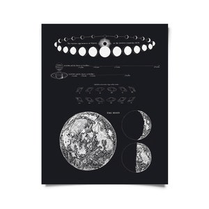 May include: A black and white illustration of the moon's phases, including a detailed depiction of the moon's surface. The text "THE MOON" is printed below the illustration.