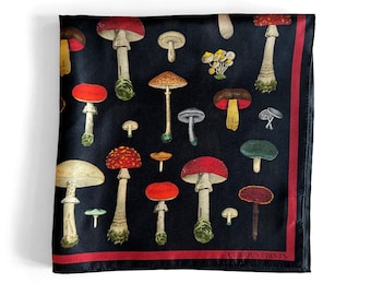 100% Silk Scarf Vintage Black Mushroom Bandana 17x17