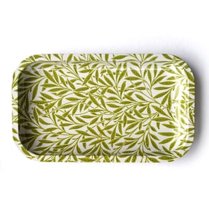 May include: Rectangular serving tray with a botanical design. The tray features a white background with a repeating pattern of green leaves and vines. The tray has rounded corners and a glossy finish.