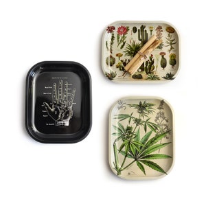 Small Metal Ritual Tray / Rolling Tray / Palmistry Cannabis Cacti Tarot Mushroom Crystals snakes flowers Moon Skeleton Palmistry