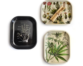 Small Metal Ritual Tray / Rolling Tray / Palmistry Cannabis Cacti Tarot Mushroom Crystals snakes flowers Moon Skeleton