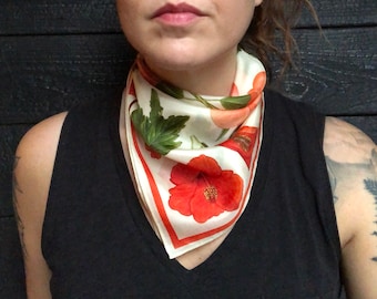 100% Silk Scarf Botanical Tropical Hibiscus Flower Bandana 17x17