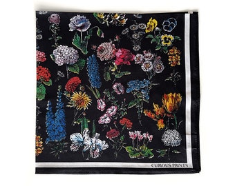100% Silk Scarf Botanical Black Floral Bandana 17x17