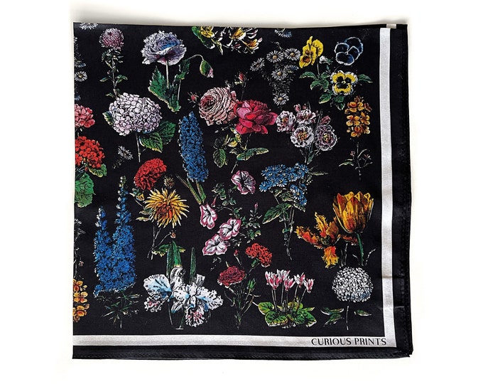 Featured listing image: 100% Silk Scarf Botanical Black Floral Bandana 17x17