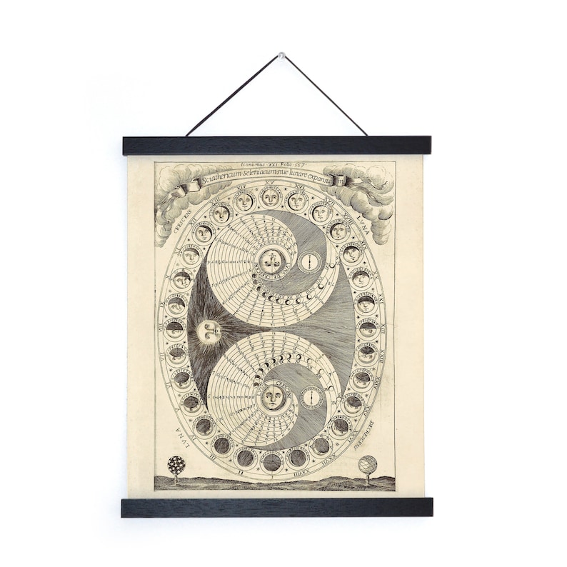May include: A vintage black and white illustration of the phases of the moon. The illustration is surrounded by a circle with the text "Lunarium Anno 1717." and "Sphaericum sertinacunste lunare ephemerides".