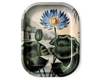 Small Metal Blue Lotus Waterlily Catchall Tray / Vintage Botanical Ritual Tray Smudging Trinkets