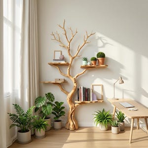 Op de afbeelding: Een unieke houten boomvormige boekenplank met meerdere planken, met boeken, kleine potplanten en decoratieve items. De natuurlijke houten afwerking past bij het omringende groen en de minimalistische bureau-opstelling. De kamer baadt in natuurlijk licht.
