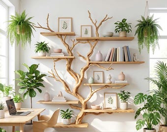 May include: A wooden tree-shaped bookshelf with multiple shelves, displaying plants, books, and decorative items. The shelves are attached to a tree-like structure against a white wall. The room is decorated with indoor plants and a wooden desk.