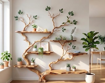 Grande libreria in legno di recupero, mensola da pavimento ricavata da un ramo d'albero, mensole su misura in legno massello, libreria in legno riciclato